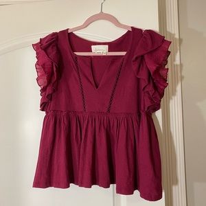 Anthropologie Maroon Ruffled Top